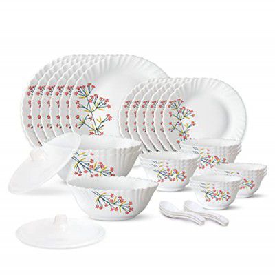 Larah by Borosil Red Bud Silk Series Opalware Dinner Set | 35 Pieces for Family of 6 | Microwave & Dishwasher Safe | Bone-Ash Free | Crockery Set for Dining & Gifting | Plates & Bowls | White, Floral