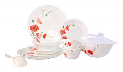 Larah by BOROSIL Red Carnation Opalware Glass Dinner Set (White) - 25 Pieces