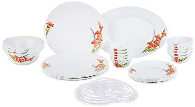 Larah by Borosil Red Iris Fluted Series Opalware Dinner Set | 31 Pieces for Family of 6