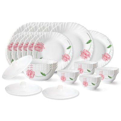 Larah by Borosil Red Mist Fluted Series Opalware Dinner Set | 31 Pieces for Family of 6 | White