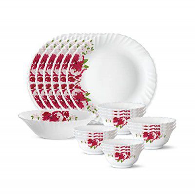 Larah by Borosil Rose Red Silk Series Opalware Dinner Set, 19 Pieces, White