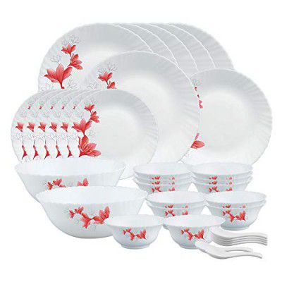 Larah by Borosil Ruby Opalware Dinner Set, 35 Pcs, White