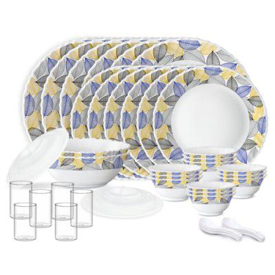 Larah by Borosil Silk Series Kora Opalware Dinner Set with Vision Glass | 40 pcs for Family of 6 | Microwave & Dishwasher Safe | Plates & Bowls | Crockery for Dining & Gifting | Leaf Pattern