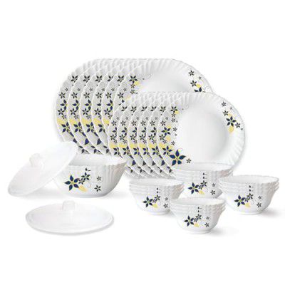 Larah by Borosil Viva Fluted Series Opalware Dinner Set | 28 Pieces for Family of 6 | Microwave & Dishwasher Safe | White