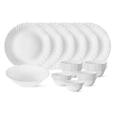 Larah by Borosil Plain White Silk Series Opalware Dinner Set | 19 Pieces for Family of 6