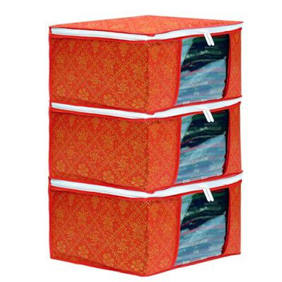 LAXIS Foldable Royal Print Saree Cover Set, Type-4 Saree Bags, Saree Covers For Storage, Wardrobe Organiser (45x34x22cm) (Set of 3, Golden-Orange)