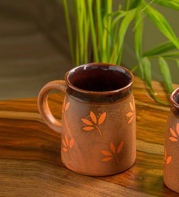 Leaf Sips 400ml Orange & Brown Ceramic Coffee Mug