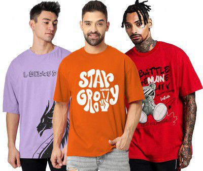 LEOTUDE Half Sleeve Oversized Printed T-Shirt for Men, Round Neck Longline Drop Shoulder | Colorful Printed Combo T-Shirt (Pack of 3)