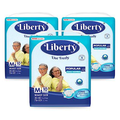 Liberty Popular Adult Diapers, Medium (M) Size, 30 Count, Waist Size (76-101cm | 30-40 inches), Unisex, Pack of 3, 10 count/pack