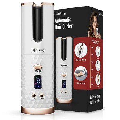 Lifelong Automatic Hair Curler, Quick Heating Rechargeable Cordless Hair Styler|L/R Rotating Curler (150-200° C)|Ceramic Coated Rotatable Hair Curling Iron, 6 Temps & Timers (LLPCW101, White)