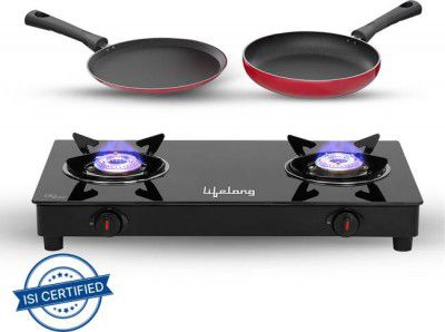 Lifelong Combo - Cooktop + Flat tawa + Fry Pan Top Glass Manual Gas Stove  (2 Burners)