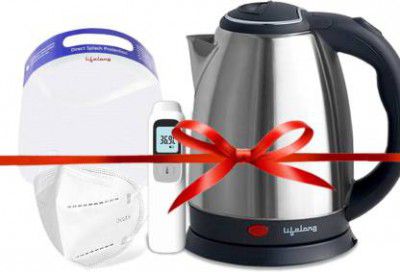 Lifelong Corona Warrior Kit - Electric Kettle (1.5L), N95 Mask, Contactless Thermometer, Face Shield Super Combo