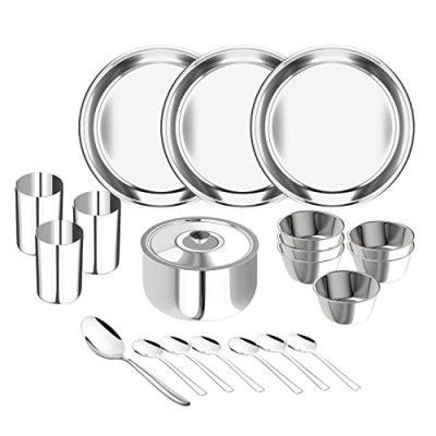 Lifelong Dinner Set of 21 Pcs | Stainless Steel | 3 Full Dinner Plates| 3 Glasses| 6 Vegetable Bowl| 6 Dinner Spoons| 1 Serving Spoon |1 Serving Bowl with Lid (LLDINSET21, Silver)