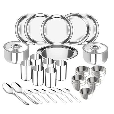 Lifelong Dinner Set of 36 Pcs | Stainless Steel | 6 Full Dinner Plates| 6 Glasses| 12 Vegetable Bowl| 6 Dinner Spoons| (LLDINSET36, Silver)