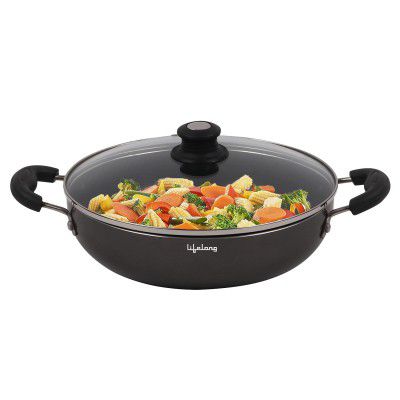 Lifelong Hard Anodized Kadai 3 Litre, Induction and Gas Compatible, Black (with Glass Lid) (Kadhai)