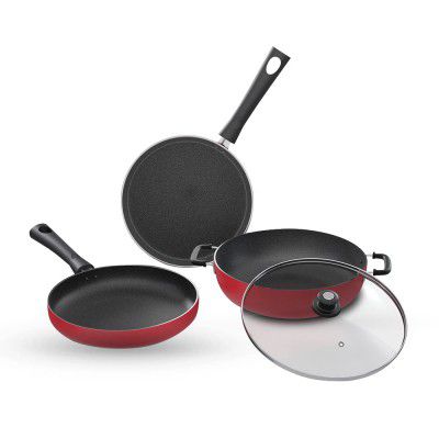 Lifelong Induction Base Non Stick Aluminium Cookware Set of 3| Nonstick Kadai