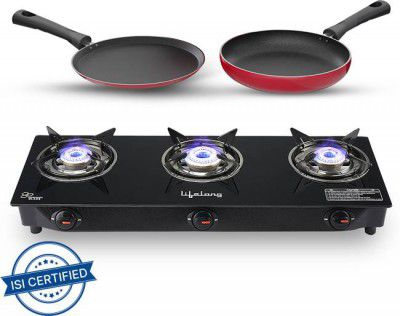 Lifelong LLCMBGS03 Combo - Cooktop + Flat tawa + Fry Pan Top Glass Manual Gas Stove  (3 Burners)