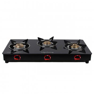 Lifelong LLGS24 Glass Top 3 Burner Gas Stove, Manual Ignition, Black (ISI Certified, 2 Year Warranty)