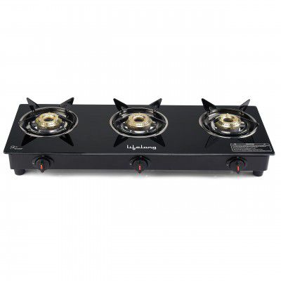 Lifelong LLGS803 Auto Ignition, High Efficiency 3 Burner Gas Stove with Toughened Glass Top, ISI Certified, Automatic Ignition, For LPG Use Only (Black)