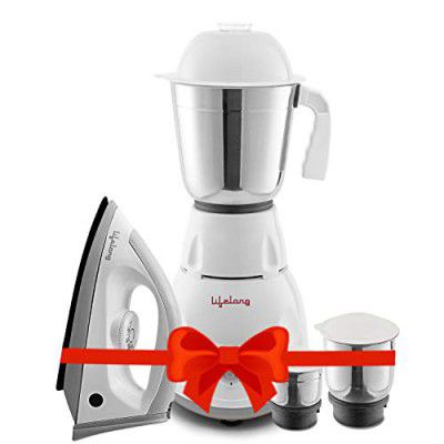 Lifelong Power - Pro 500 Watt 3 Jar Mixer Grinder with 3 Speed Control and 1100 Watt Dry Non-Stick soleplate Iron Super Combo (White and Grey, 1 Year Warranty)