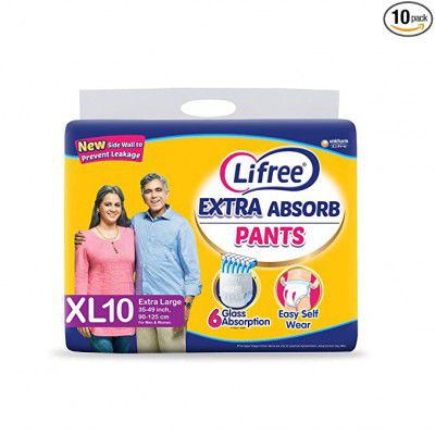 Lifree Extra Absorb Adult Diaper Pants Unisex, Extra Large size 10 Pieces, Waist size (90-125 cm | 35-49 Inches) (New version)