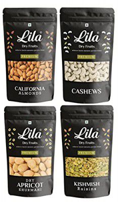 LILA DRY FRUITS Combo Cashews, Almonds, Golden Raisins & Dry Apricots 200gm Each| Kaju, Badam, Kishmish, Khurmani| Combo 800gm