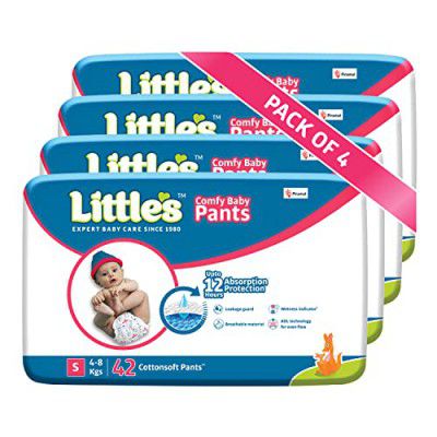 Littles Baby Pants Diapers with Wetness Indicator and 12 Hours Absorption, Small (S), 4 - 8 kg, 168 Count