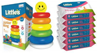 Littles Junior Ring (Multicolour) & Littles Soft Cleansing Baby Wipes with Aloe Vera, Jojoba Oil and Vitamin E (80 Wipes) - Pack of 6