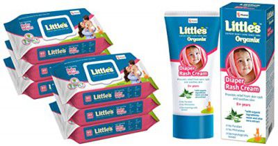 Little's Soft Cleansing Baby Wipes Lid, 80 Wipes (Pack of 6) & Little's Organix Diaper Rash Cream (50 g)