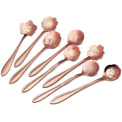 Litvibes Stainless Steel Creative Tableware Flower Dessert Spoon,Coffee Spoon,Sugar Spoon,Mixing Spoon,Tea Spoon,Stirring Spoon,Cake and Ice Cream Spoon,Stir bar Rose Gold Spoons -Set of 6 (Random)