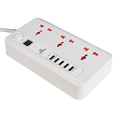 Live Tech Power Charge 2 Inbuilt Timer Plug Power Strip 3 Socket 5usb 5 Way USB 1 USB Qualcomm Extension Cord Surge Protector Board Switch Control with Child Safety Door Protection (White)