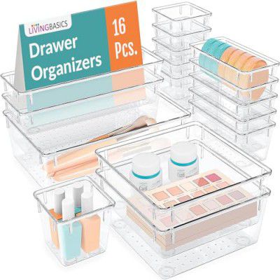 LIVINGBASICS 16 Pcs Unbreakable Drawer Organizer/Drawer Storage Organizer/Drawer Organizer Tray/Tray Organiser for Makeup/Drawer Divider Tray/Makeup Dresser Tray/Kitchen Drawer Organizer Tray