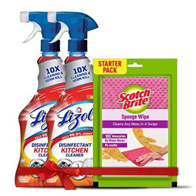 Lizol 450ml (Pack of 2), Kitchen Cleaner Spray + 1 Free Scotch-Brite Sponge Wipe | Suitable for all Kitchen Surfaces, Gas Stove, Countertop, Tiles, Chimney and Sink | Kills 99.9% germs