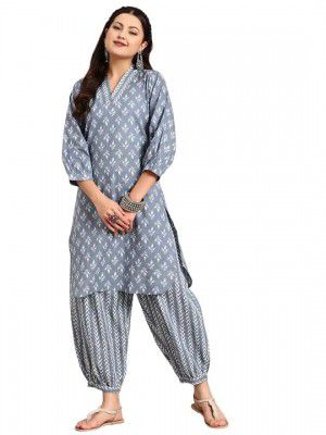 LookMark Women's Trendy Printed Cotton Blend Straight White Color Kurta and Afghani Pant Set