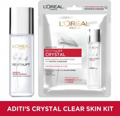 L'Oréal Paris Aditi's Crystal Clear Skin Kit | Revitalift Crystal (Micro-Essence Serum, 22ml + Sheet Mask, 25gm) (Combo Offer) (47g)