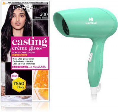 LOréal Paris Casting Creme Gloss 200 with Havells Light Weight Hair Dryer 1200 W , Ebony Black