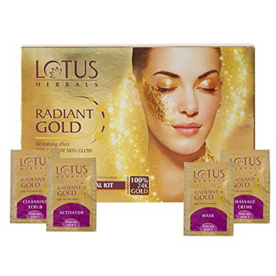 Lotus Herbals Radiant Gold Facial Kit For Instant Glow With 24K Pure Gold & Papaya,4 Easy Steps, 37g (Single Use)