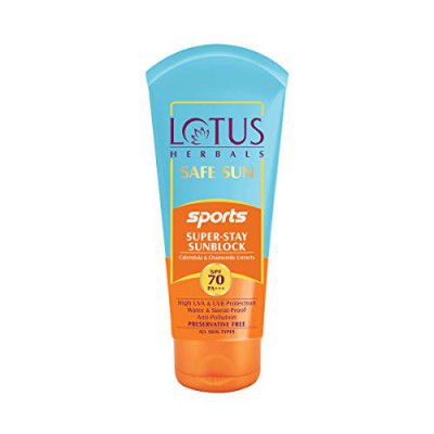 Lotus Herbals Safe Sun Sports Super Stay Sunscreen Cream SPF 70 PA+++, Sweat & Waterproof, Preservatives Free, 80g