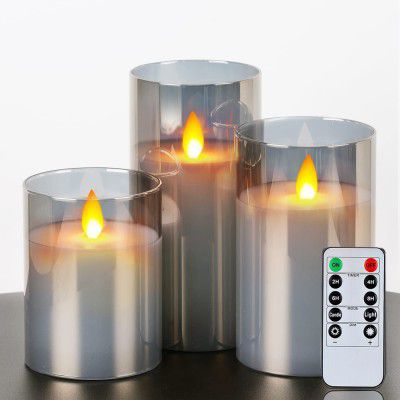 LTETTES Led Grey Wax Candle Flickering Glass Material Realistic Flame-Effect Candle Real Wax Faux