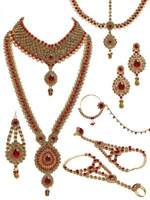 Lucky Jewellery 18 k Bridal Gold Plated Gold Red Color Alloy Wedding Jewellery Set for Girls & Women