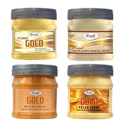 Luster Gold Facial Kit | Helps Brightens Skin | Gold Facial Scrub | Gold Massage Cream | Gold Massage Gel | Gold Face Pack | Gold Facial Kit for Women & Men | No Paraben & Sulfate- 500 ml (Pack of 4).