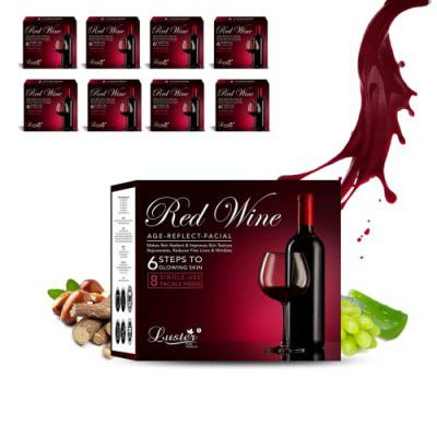 Luster Red Wine Age Reflect Facial Kit | 8 Single Use Facials Inside | Anti Ageing Facial Kit | All Skin Types | Wine Facial | For Glowing Skin & Deep Cleansing | Skin Brightening & Instant Glow | Fac