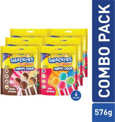 LuvIt Smackers Fruit and Chocolate Flavoured Lollipops Happy Pack Combo with Surprise Free Gift, 576g (6 x 96 g)