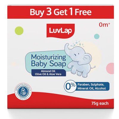 LuvLap Moisturizing Baby Soap - Gentle Bathing Bar, Almond Oil, Olive Oil & Aloe Vera, Dermatologically Tested, Free of Paraben, sulphates, Mineral Oil & Alcohol, 75g (pack of 4), Buy 3 Get 1 Free