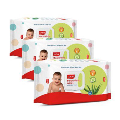 LuvLap Paraben Free wipes for baby skin with Aloe Vera, 72 Wipes / Pack With Lid Pack, 3 packs