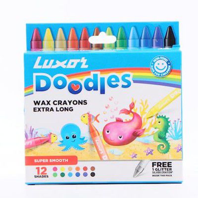 Luxor Doodles Extra Long Wax Crayons - Bonus Glitter Silver Crayon - Smooth Coloring Experience for Kids