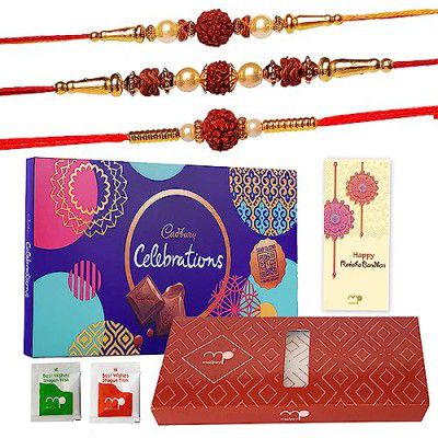 Maalpani Rakhi Chocolate Combo - Celebration - Set of 3 Rudraksh Rakhi for Brother Small Multicolor