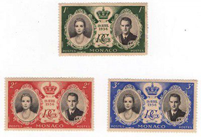 Mahaphilla ~ Rare 1956 Monaco Royal Wedding Prince Rainier & Grace Kelly 3 Different Unused (No Gum/Gum Washed) Stamps for Collection