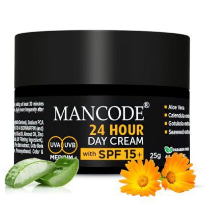 Mancode 24 Hours Day Cream for Men SPF 15+ Sun Tan Protection Improves Skin Elasticity Aloe vera Enriched No Paraben Sulfate 25gm Creams for Men (Pack of 1)