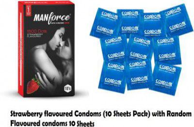 MANFORCE Strawberry Flavored Condoms with Random sheets of condoms Condom (20 Sheets)